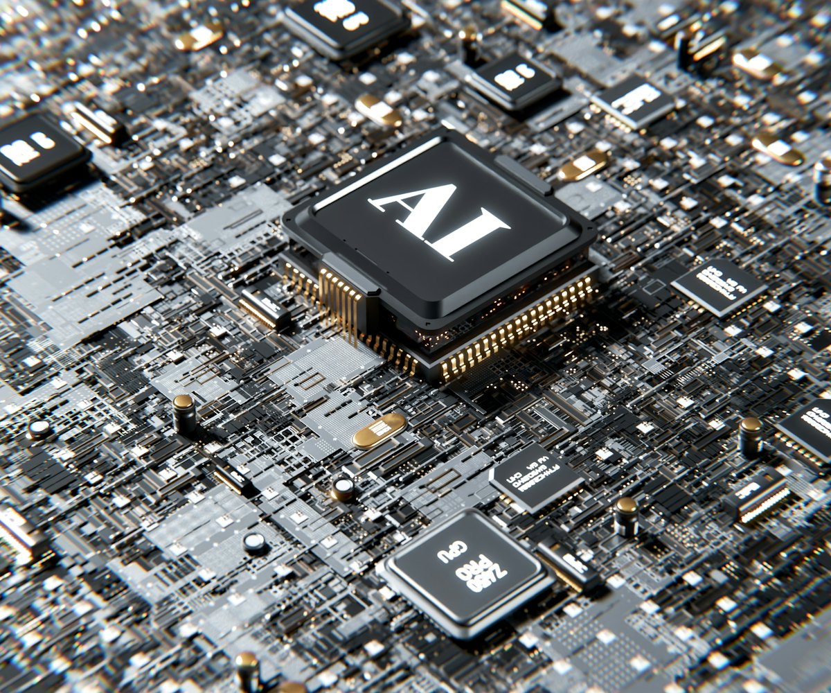 Close-up of a processor chip marked AI on a circuit board
