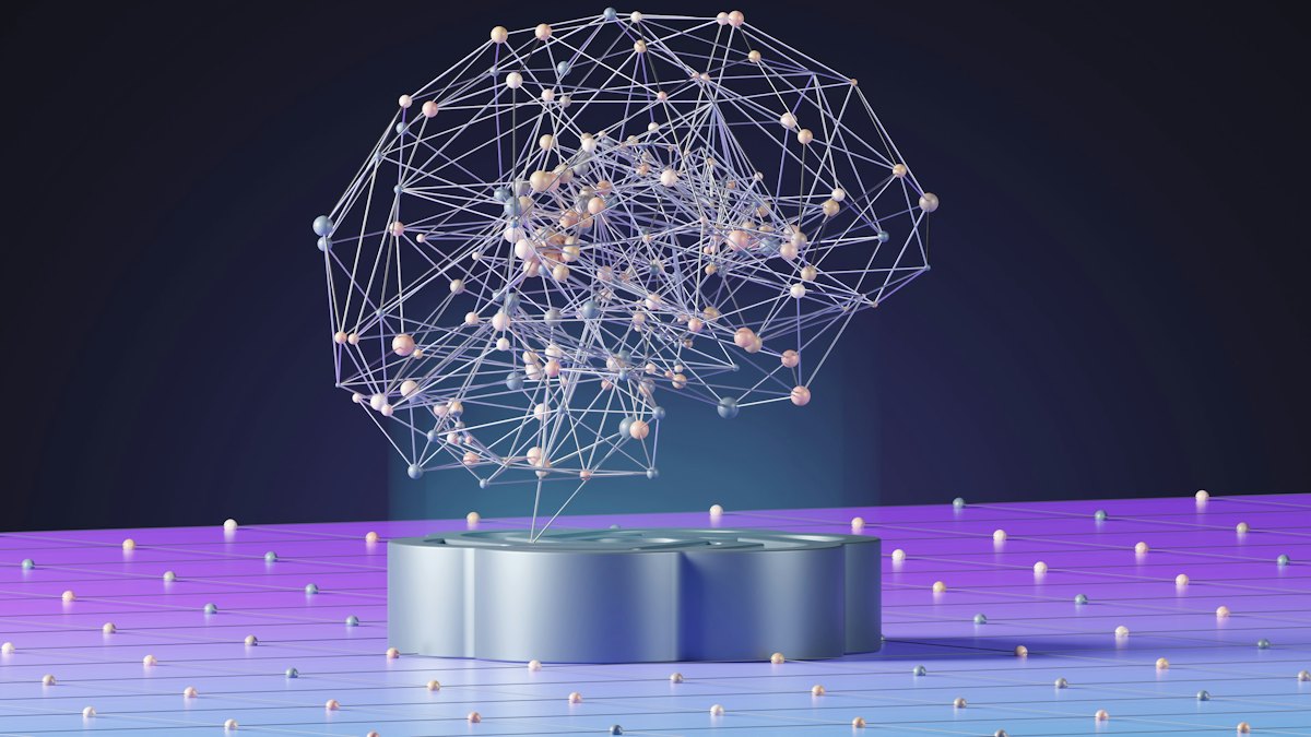 Glowing network of nodes above a light grid